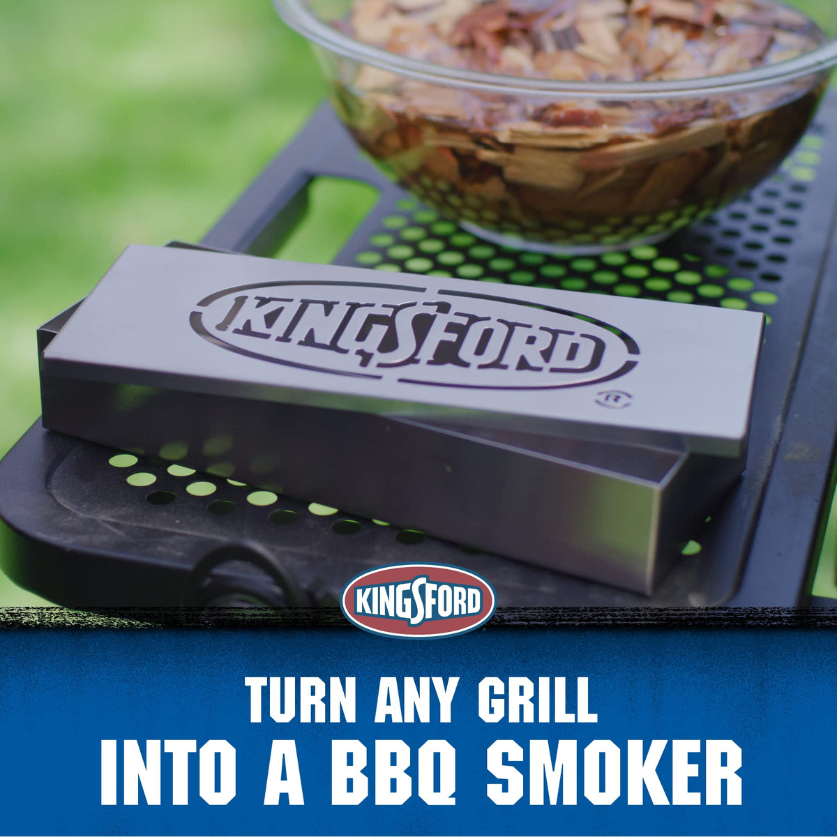 Kingsford stainless steel smoker box close-up showing durable construction.