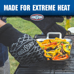 Kingsford gloves show wrist coverage during hot pan transfers.