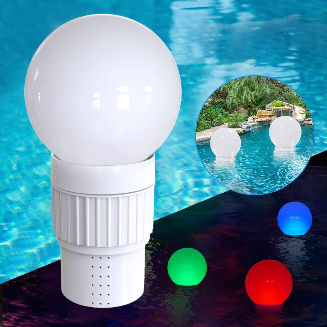 KingSom pool chlorine dispenser floating with color-changing LED lights for nighttime ambiance.