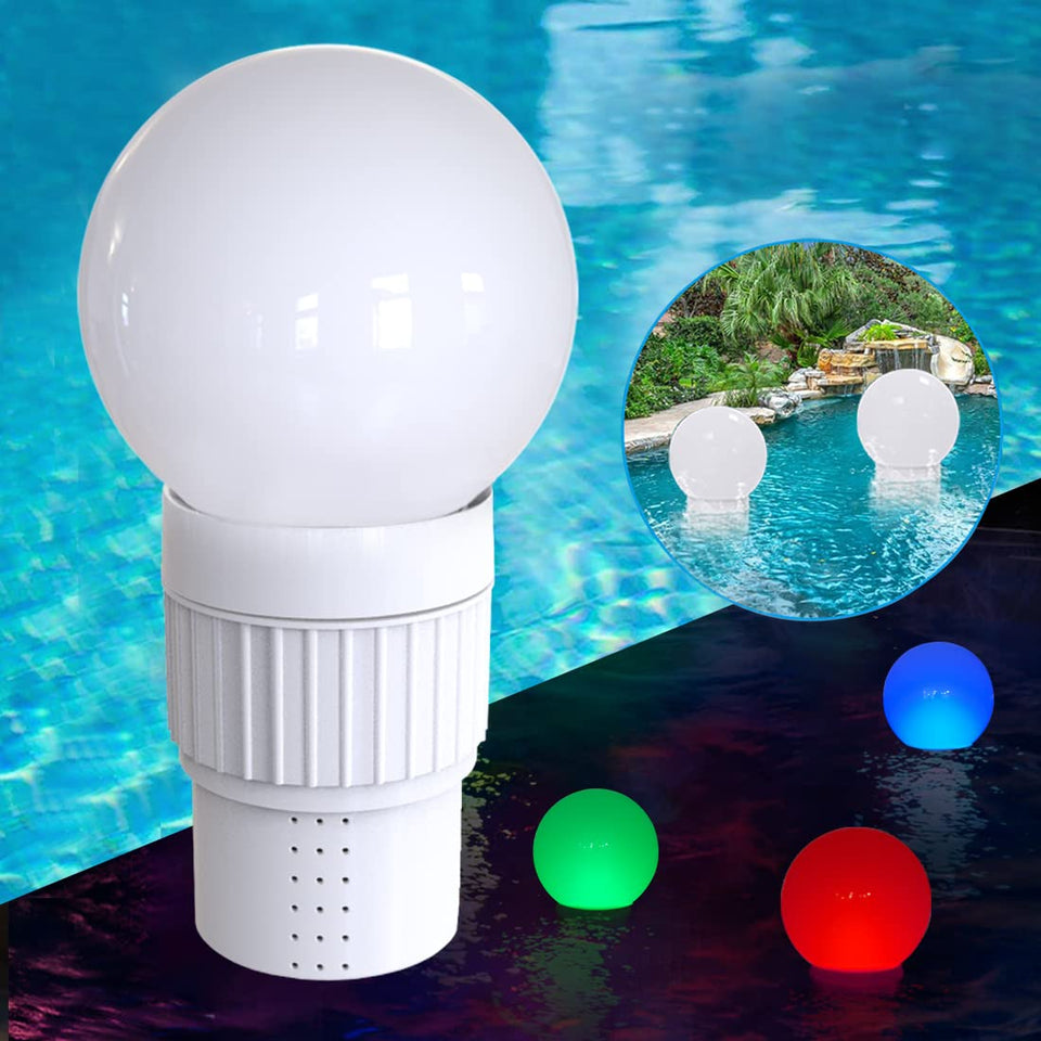 KingSom pool chlorine dispenser floating with color-changing LED lights for nighttime ambiance.