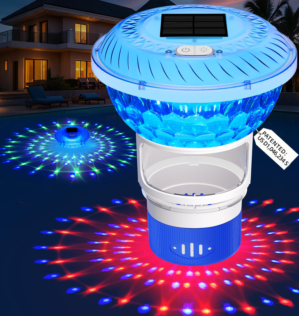 KingSom pool chlorine floater with lights gliding in the water for safe evening swimming