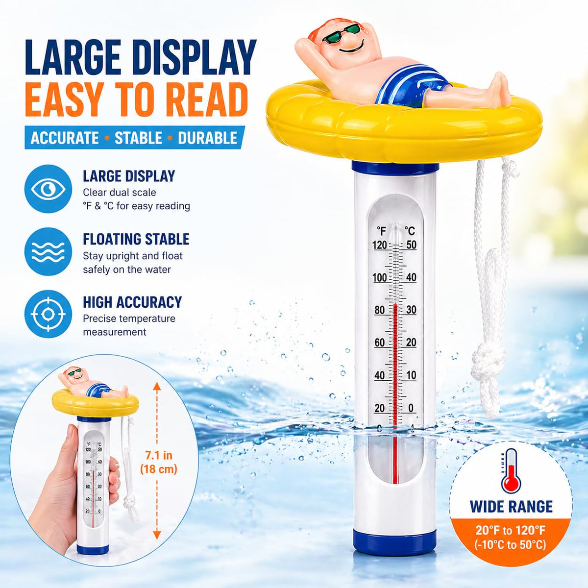 Kingsource man-shaped-top thermometer visual cue for family-friendly pool use