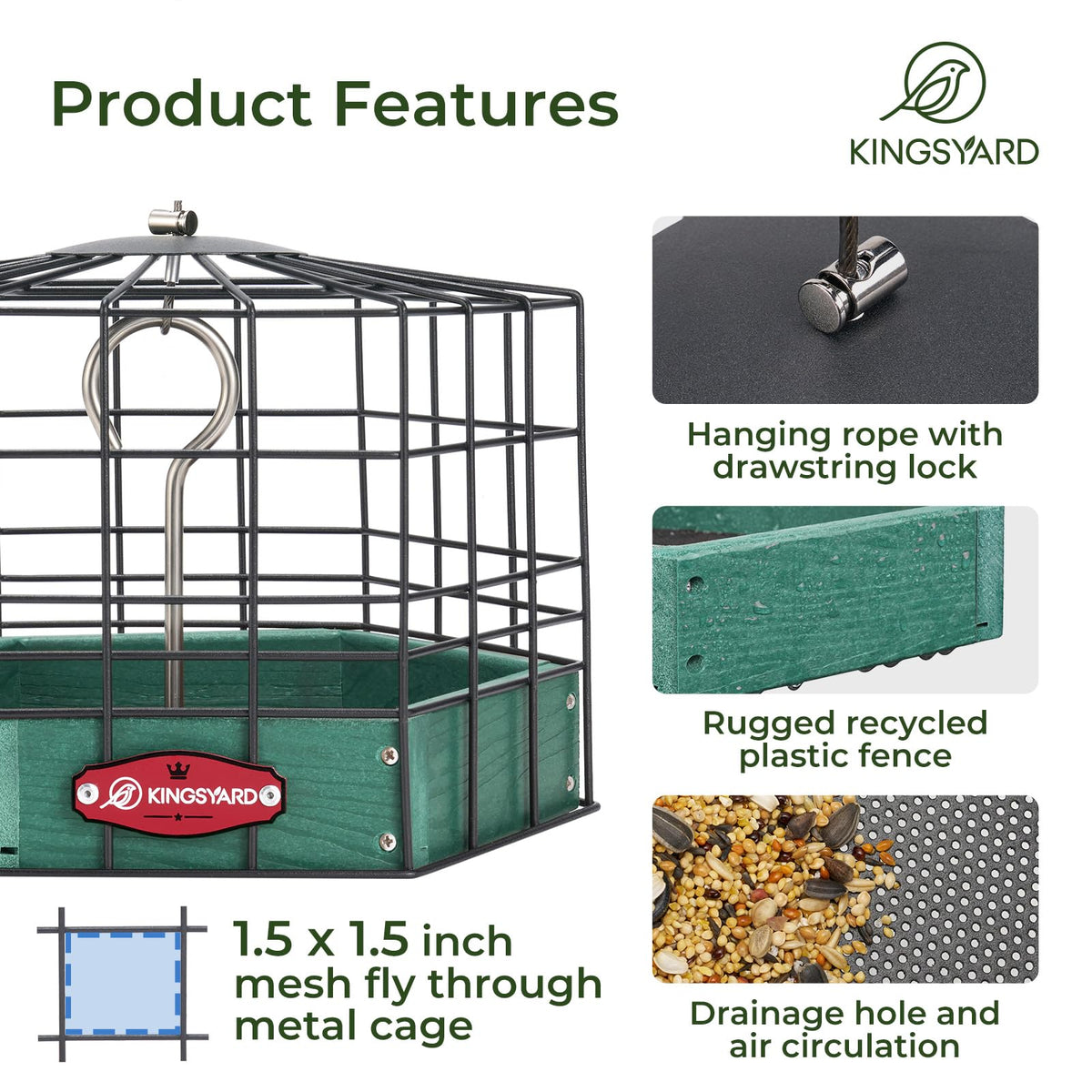 Kingsyard 10-inch green feeder with metal mesh tray, durable in all weather.