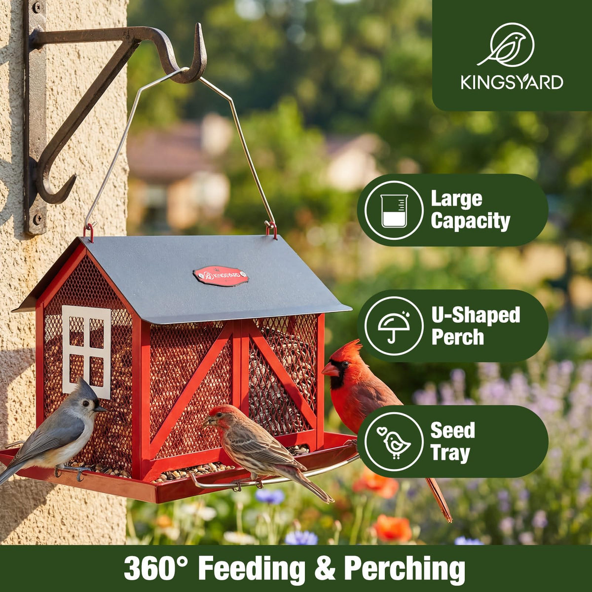 Kingsyard 2in1 seed tray and perch keeps seeds accessible for multiple bird sizes.