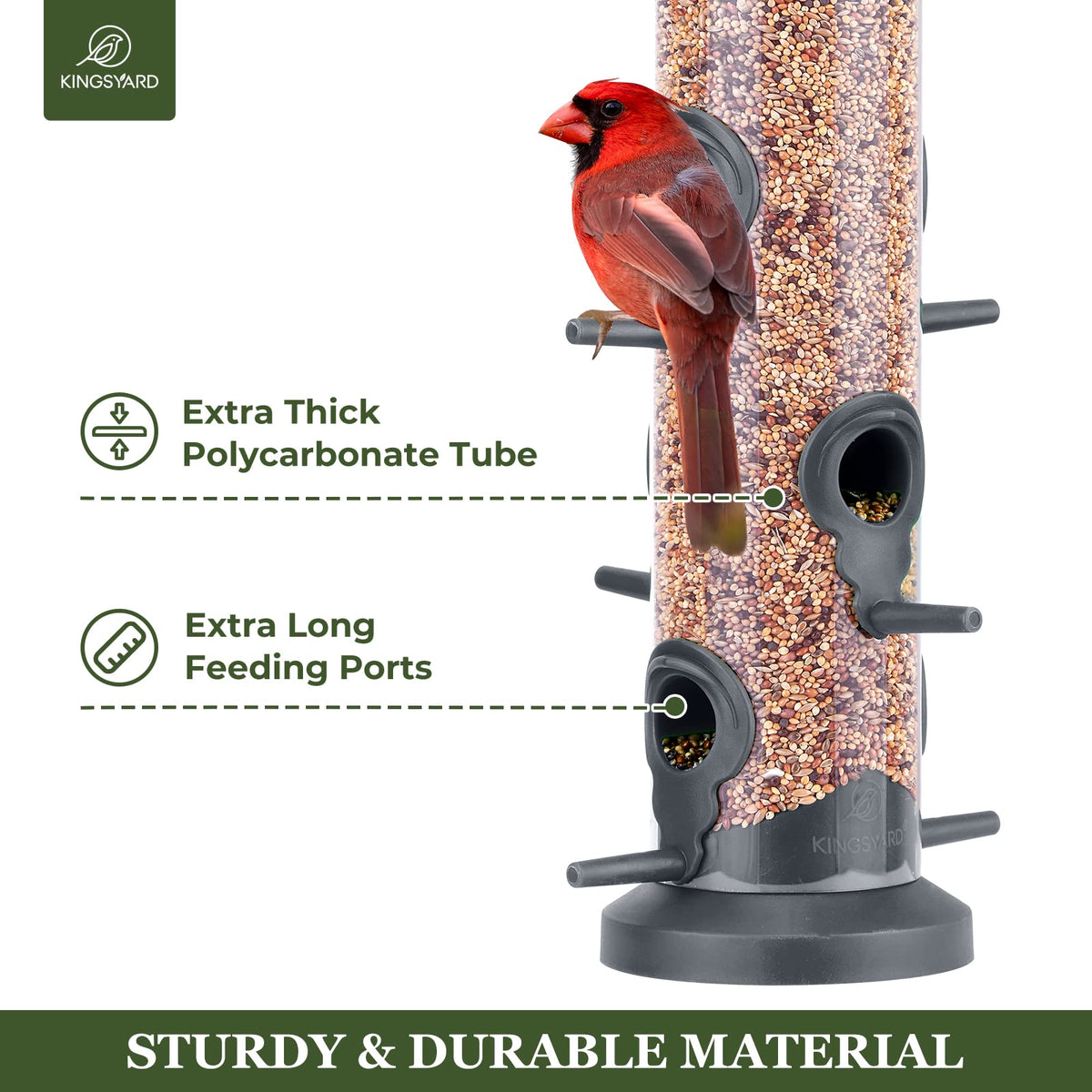 Enclosed seed housing and drainage for dry, fresh seed in Kingsyard feeders