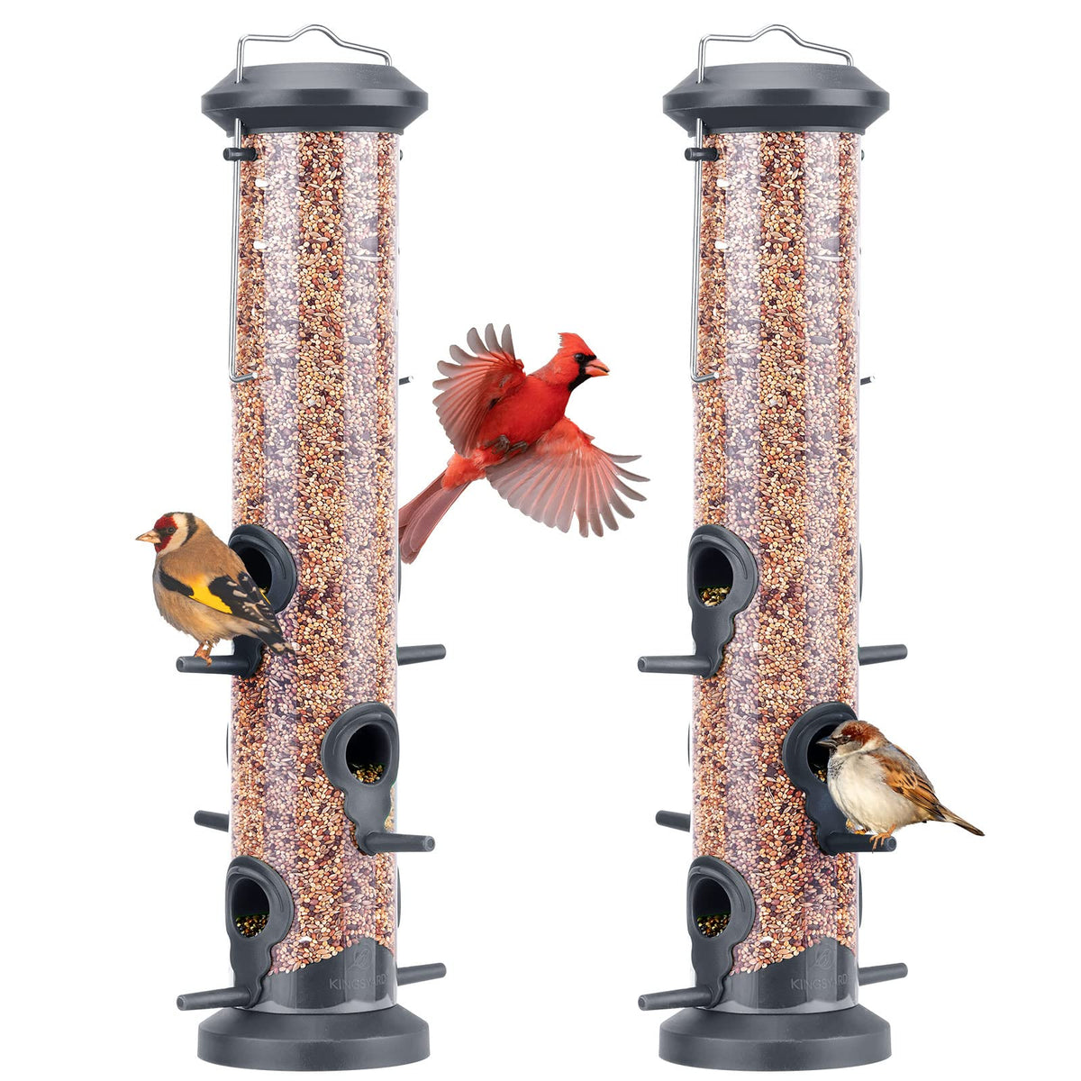 Kingsyard 2-pack tube feeders with six ports for outdoor hanging, attracts multiple songbirds