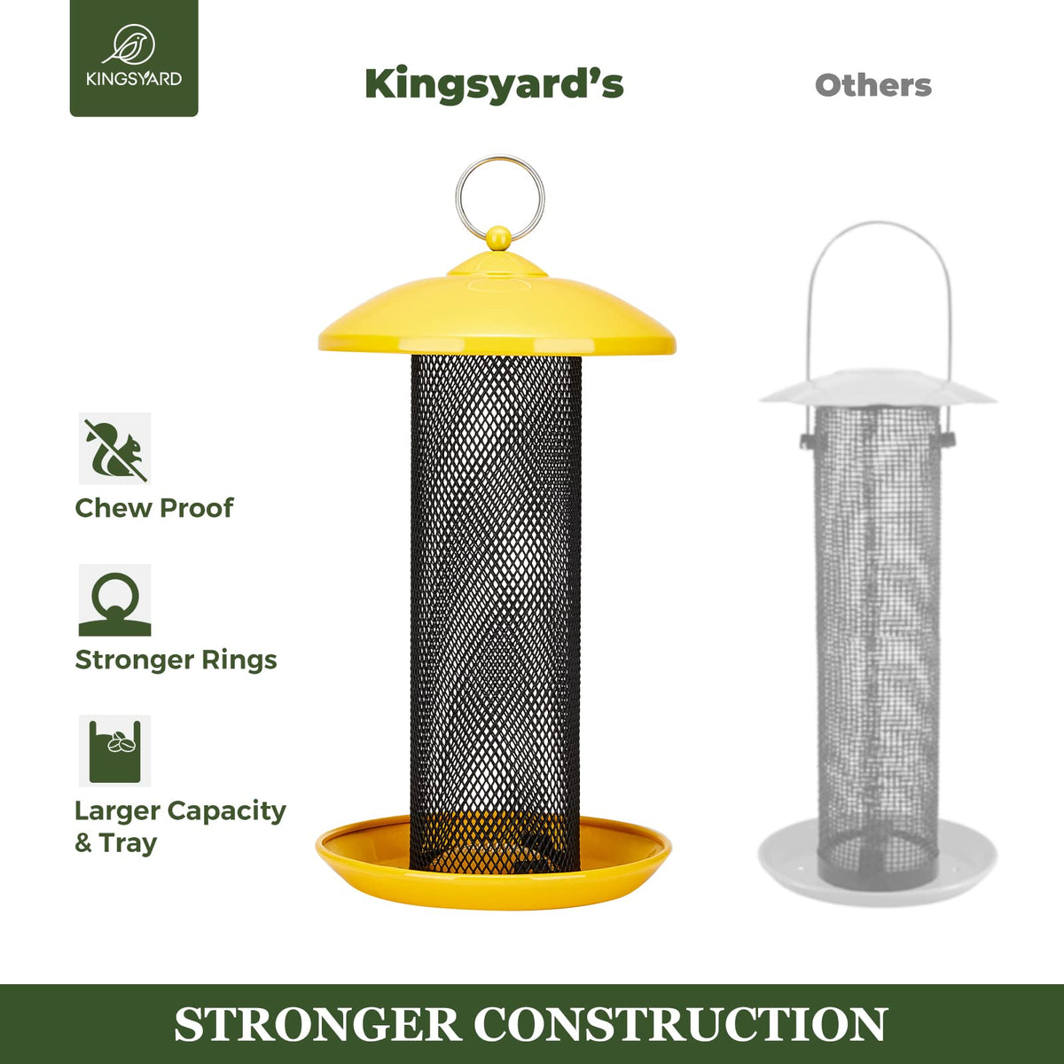 Kingsyard 360-degree seed tray invites multiple finches to perch and dine.