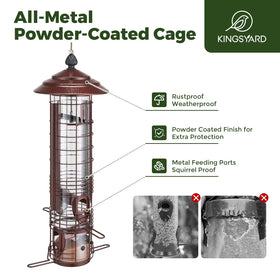 Kingsyard feeder shows 3 lb capacity for mixed seeds and easy refills.
