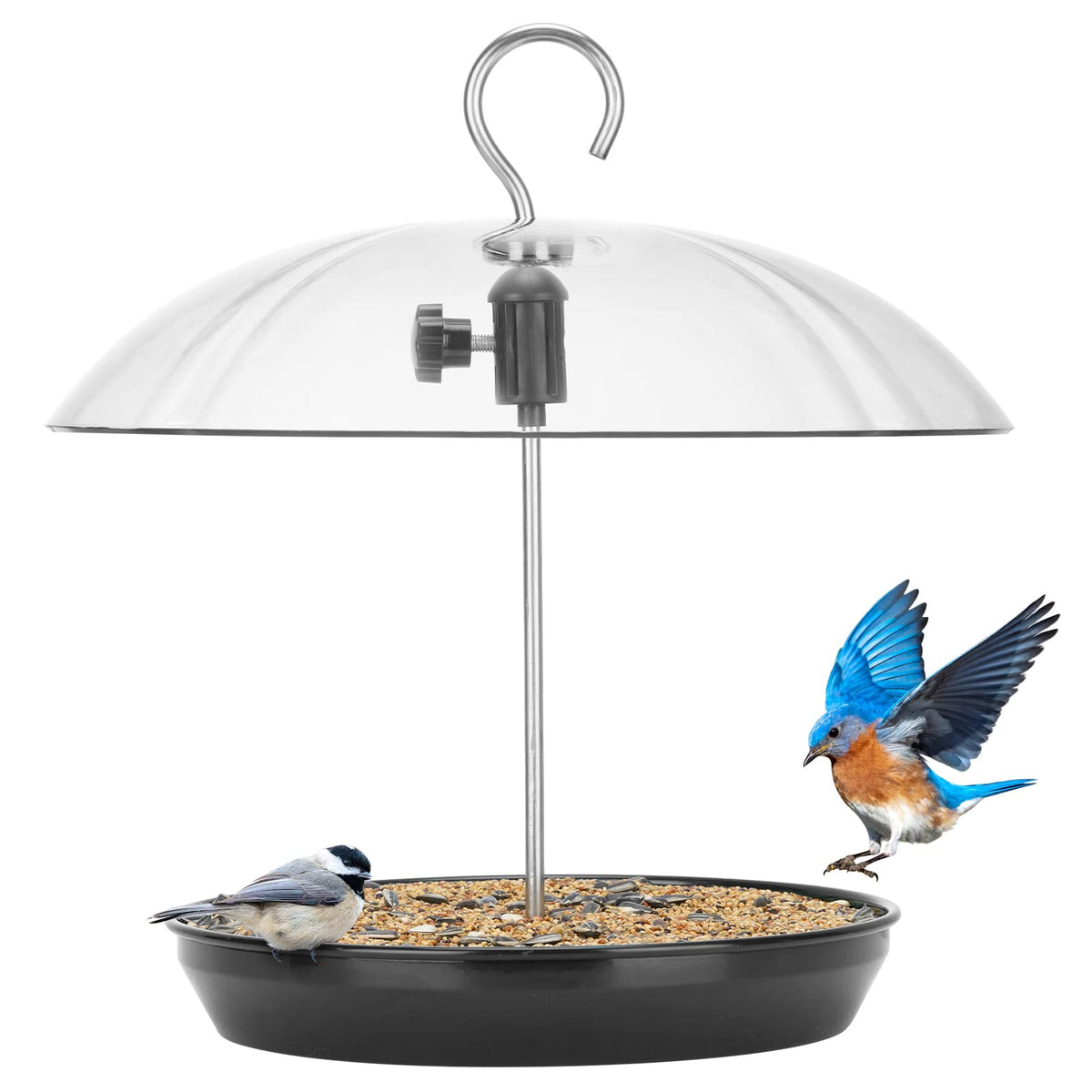 Kingsyard adjustable platform bird feeder with height control for visiting birds.
