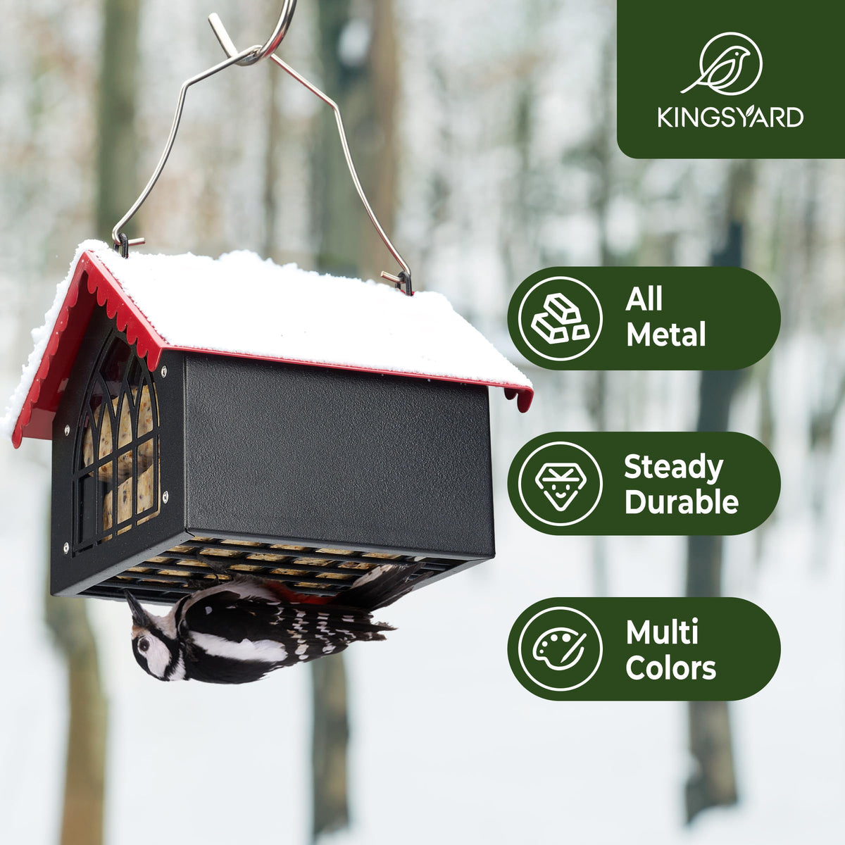 Kingsyard all-metal suet feeder offers durable outdoor protection against elements and squirrels