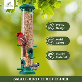 Kingsyard six-port tube feeder close-up showing perches for multiple birds.