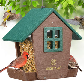 Kingsyard bird feeder hopper outdoor green front view, ideal for year-round seed feeding.