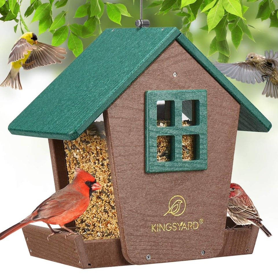 Kingsyard bird feeder hopper outdoor green front view, ideal for year-round seed feeding.