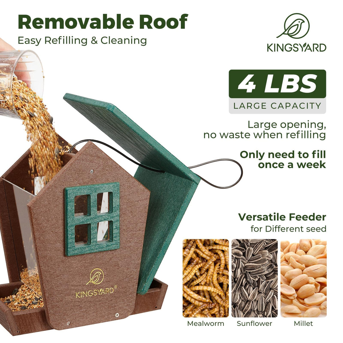 Kingsyard hopper-seed-dispensing design delivers seeds into the tray for birds.