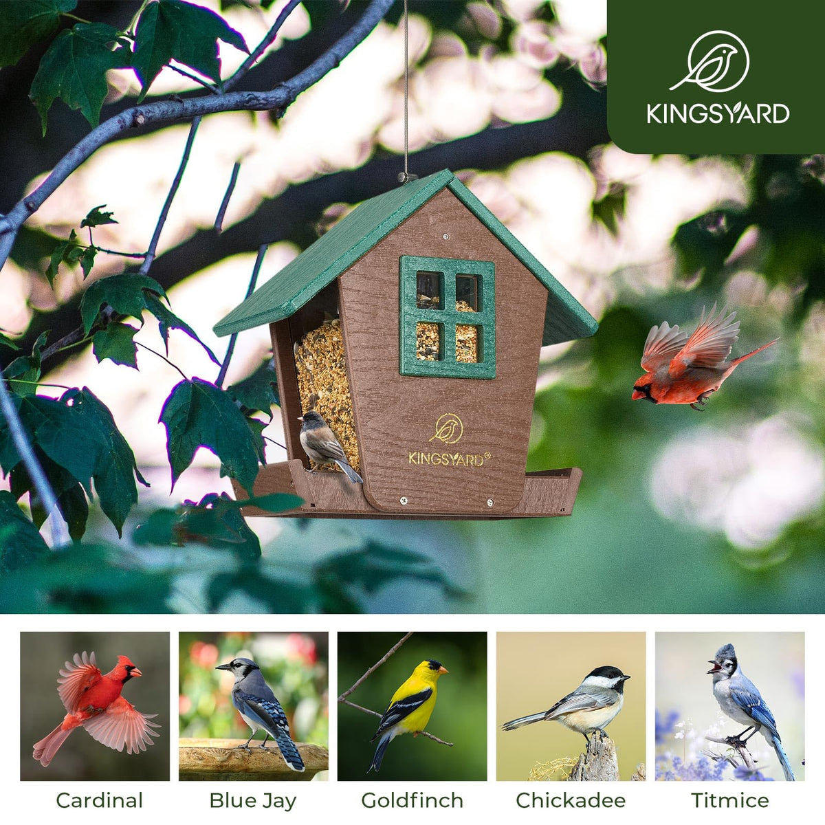 Kingsyard bird feeder roof with drawcord lock green, for easy refilling.