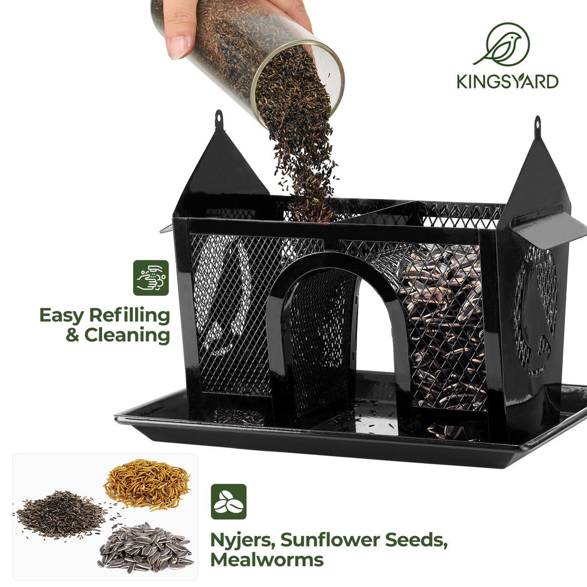 Kingsyard Bird Feeder seed tray with drainage keeps seeds dry in rain.