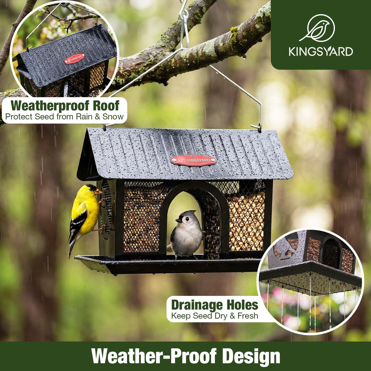 Kingsyard Bird Feeder weatherproof roof protects feed from precipitation.