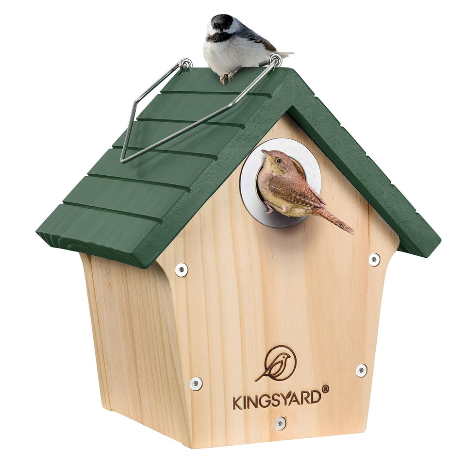 Kingsyard wooden bird house front with entrance hole to attract wrens in your garden.