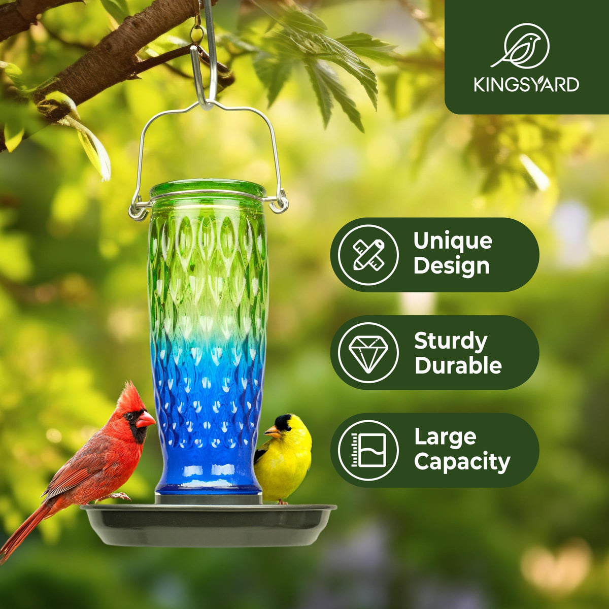 Kingsyard glass feeder with metal hanging ring suitable for balcony or garden display.