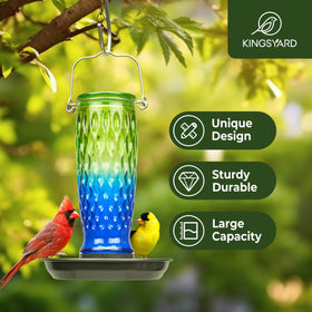 Kingsyard glass feeder with metal hanging ring suitable for balcony or garden display.