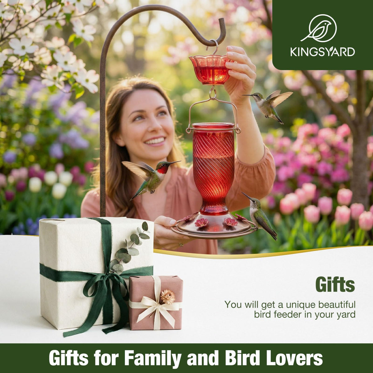 Kingsyard brass-base hummingbird feeder emphasizes sturdy construction