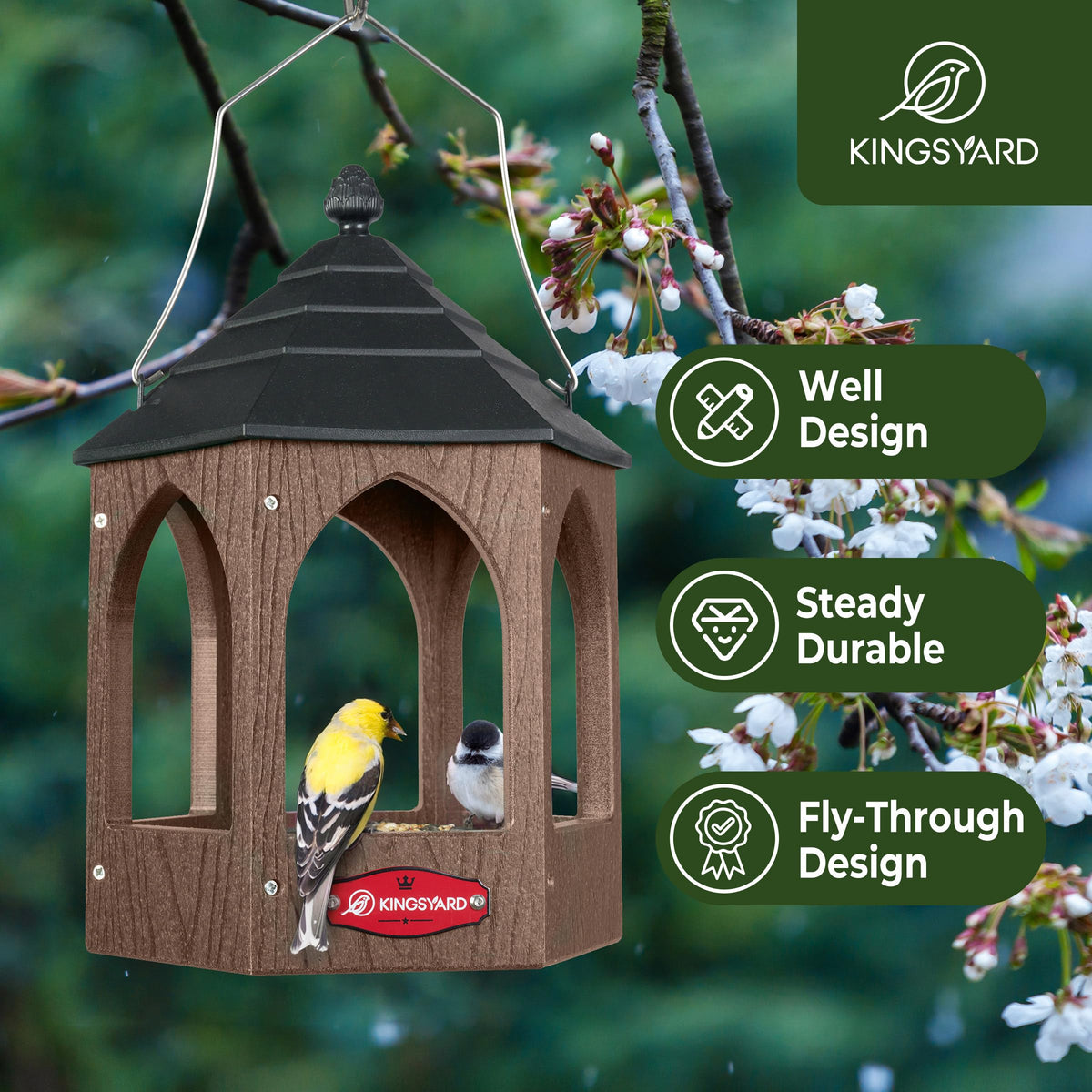 Kingsyard brown outdoor bird feeder with metal mesh tray for dry seeds