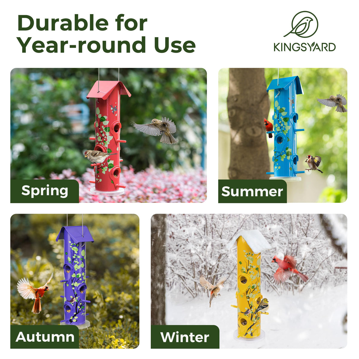 Kingsyard versatile tube feeder works with various seed blends and nuts.