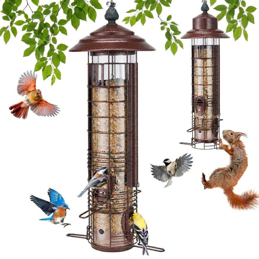 Kingsyard copper squirrel-proof feeder, front view, weight-activated protection.