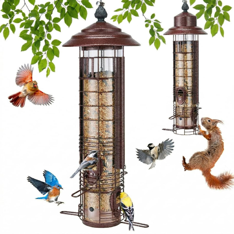 Kingsyard copper squirrel-proof feeder, front view, weight-activated protection.