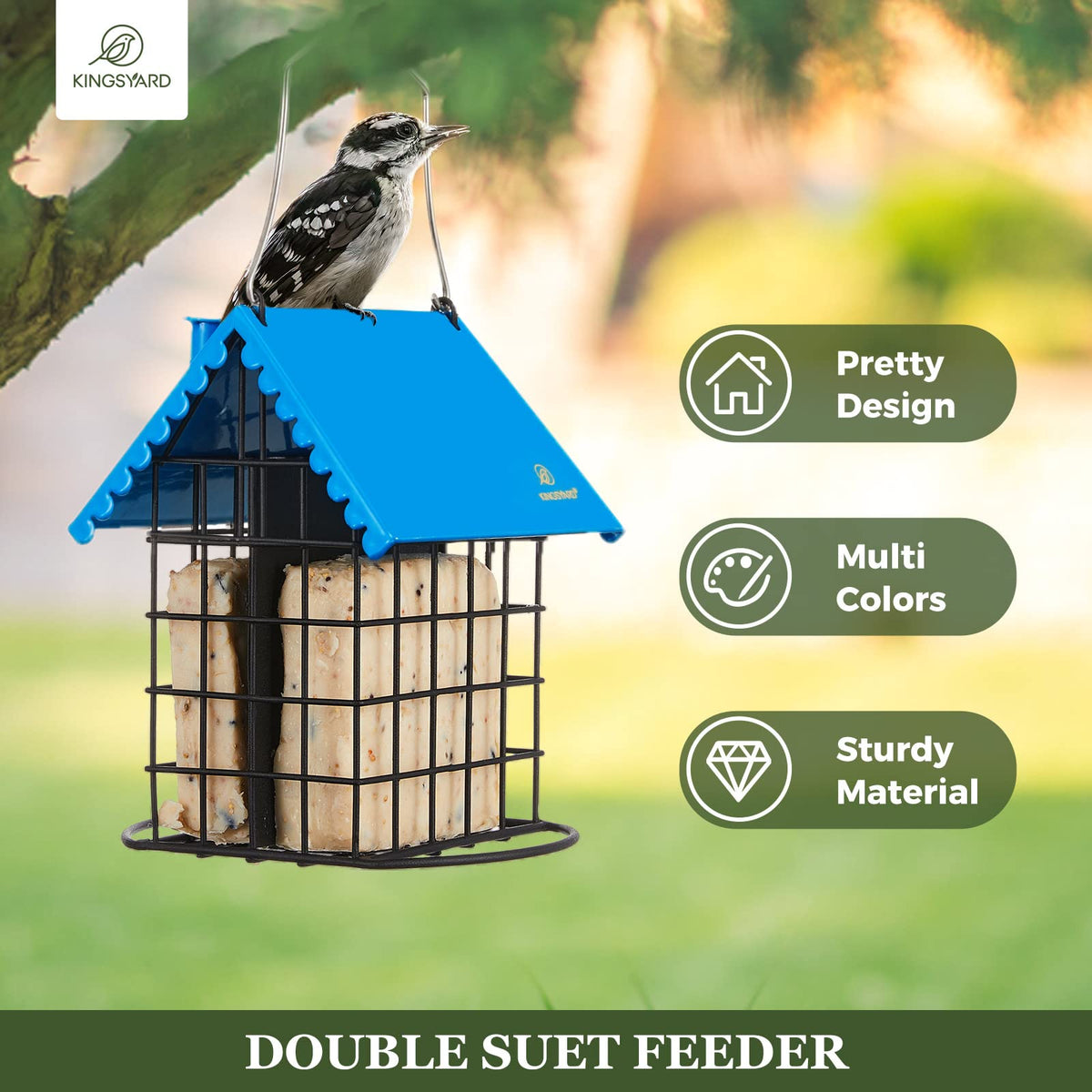 Kingsyard feeder shows extra metal perches for multiple birds feeding