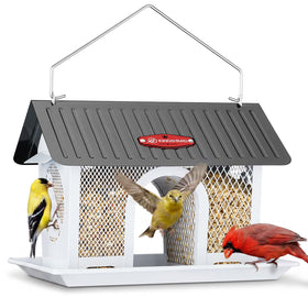 Kingsyard dual-compartment bird feeder outdoors with mesh for versatile seed selection