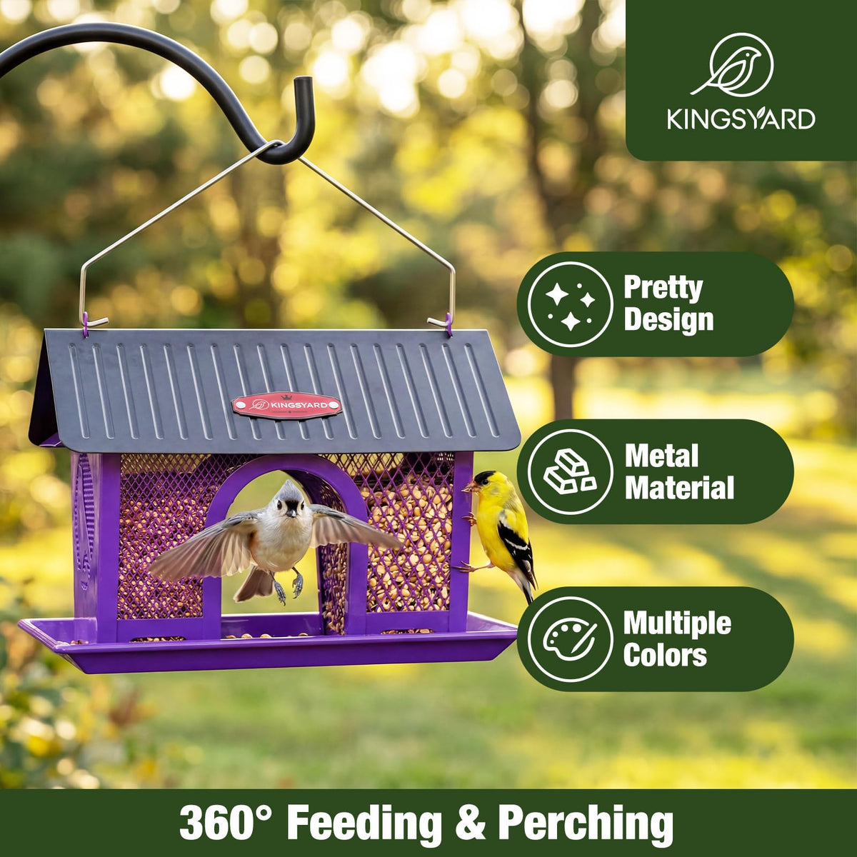 Kingsyard dual-compartment feeder separates seed types for calmer feeding.