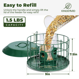 Extended metal tray catches spilled seeds for a cleaner feeding area