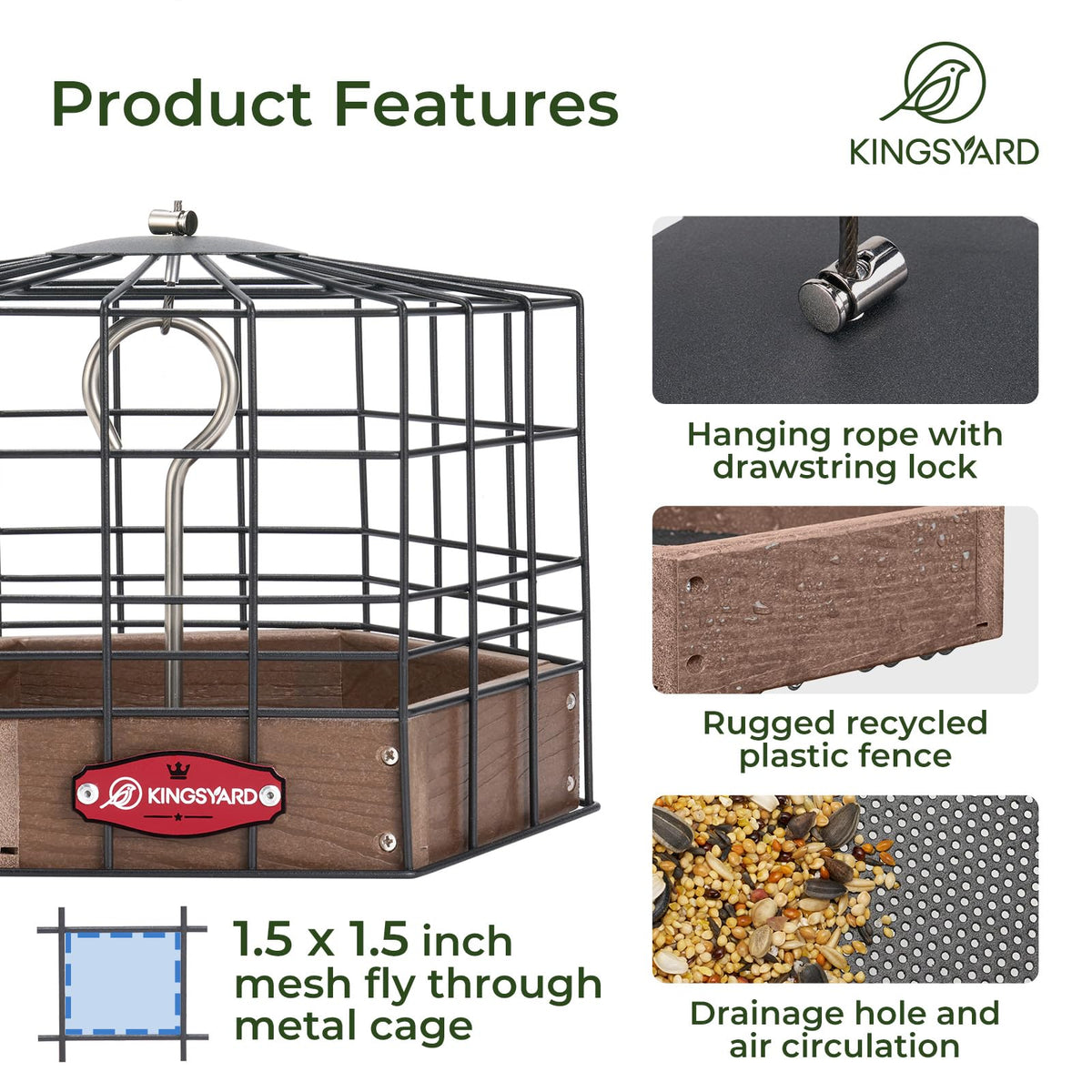 Kingsyard feeder close-up highlights ventilated metal mesh tray keeping seeds dry.
