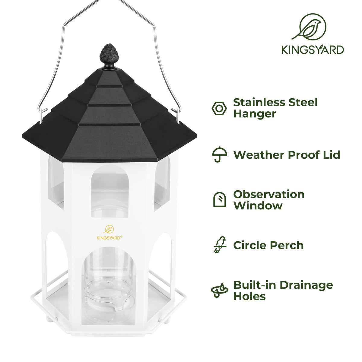 Kingsyard feeder showing 4 lb seed capacity for extended feeding
