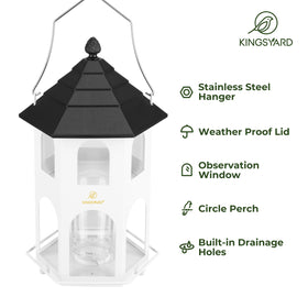 Kingsyard feeder showing 4 lb seed capacity for extended feeding