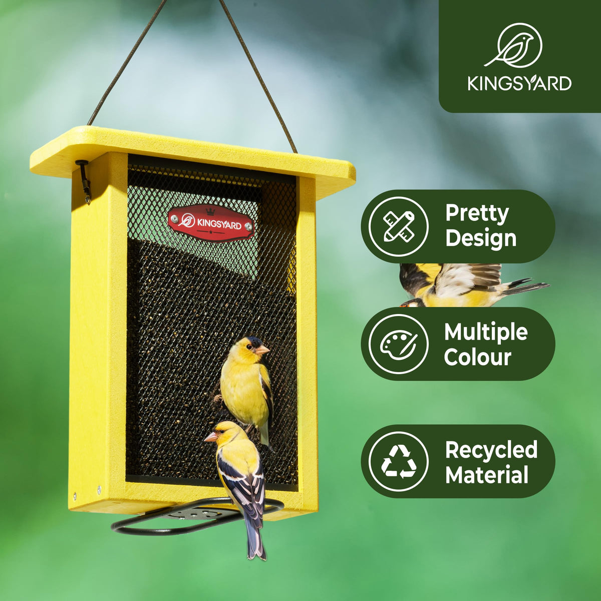 Kingsyard Finch Feeder metal mesh close-up—sturdy feeding surface for small seed-loving birds.