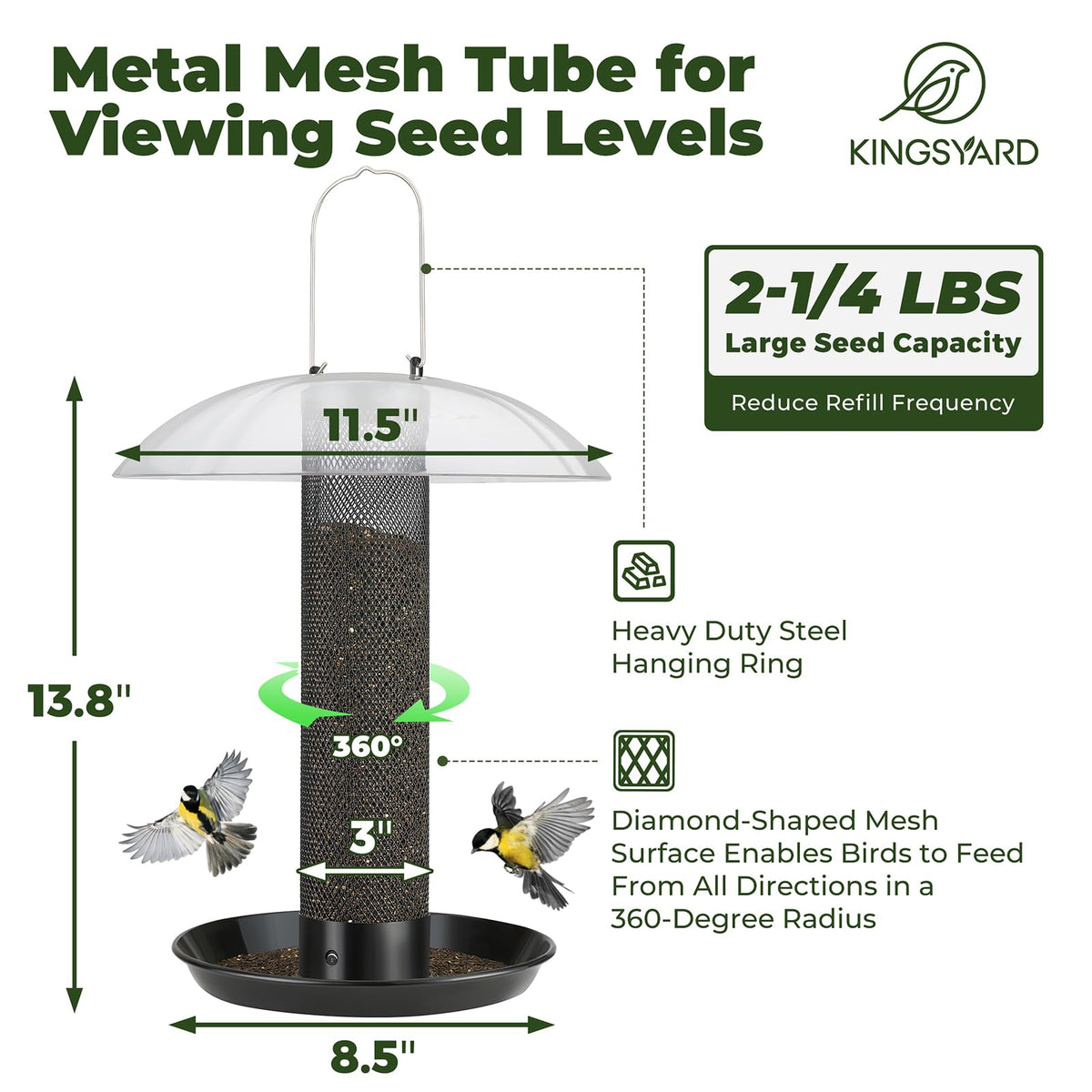 Kingsyard Finch Feeder Nyjer seed tube provides 360° access for birds feeding.