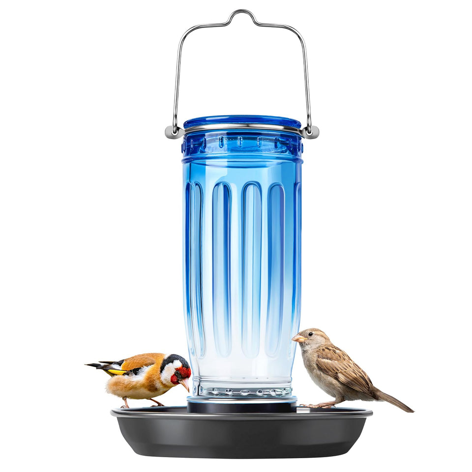 Kingsyard glass bird water dispenser hanging in garden attracts visiting birds.