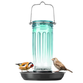 Kingsyard glass bird water dispenser front view with green bottle and metal base attracting songbirds.
