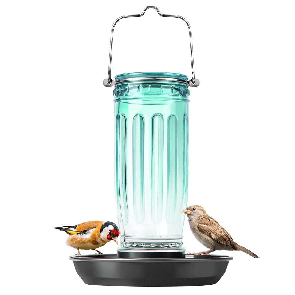 Kingsyard glass bird water dispenser front view with green bottle and metal base attracting songbirds.