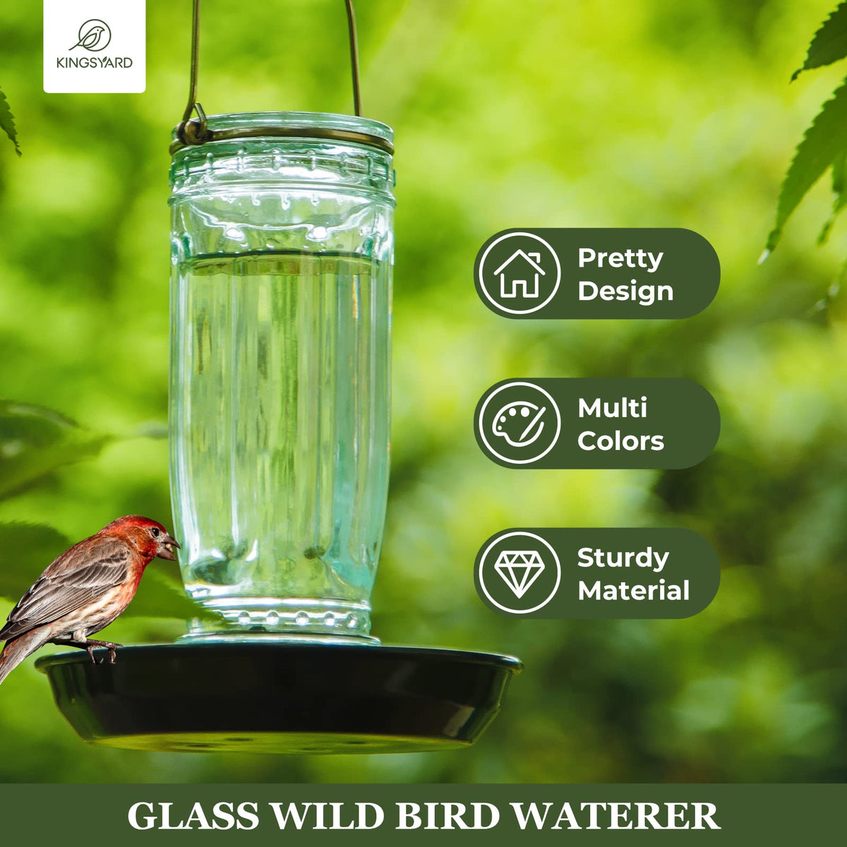 Kingsyard glass water dispenser side perch enabling small birds to rest and sip water.
