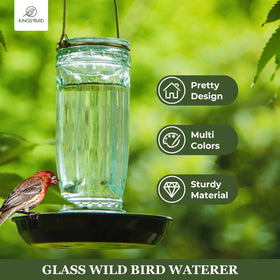 Kingsyard glass water dispenser side perch enabling small birds to rest and sip water.