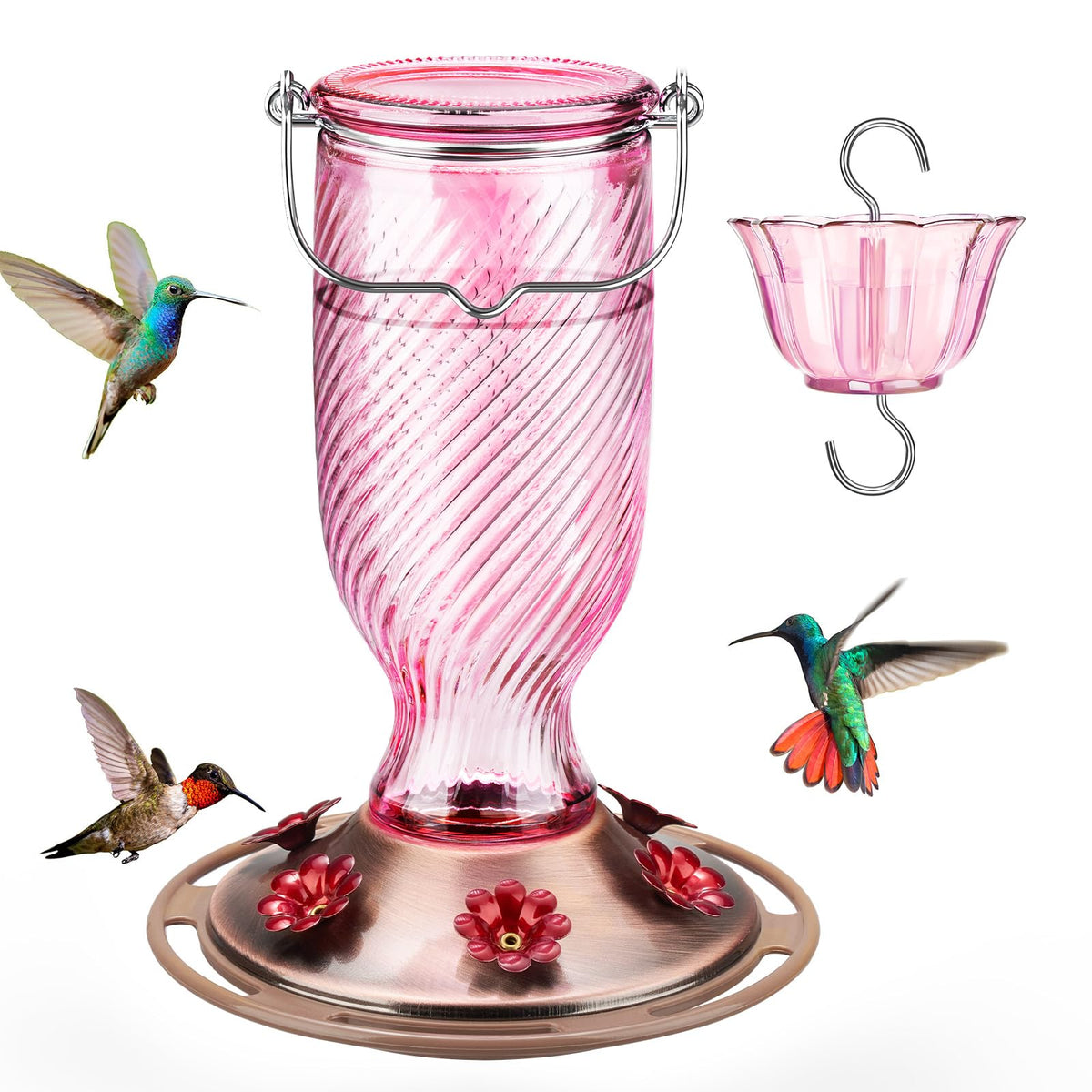 Kingsyard glass hummingbird feeder with 6 ports attracts birds to your garden.