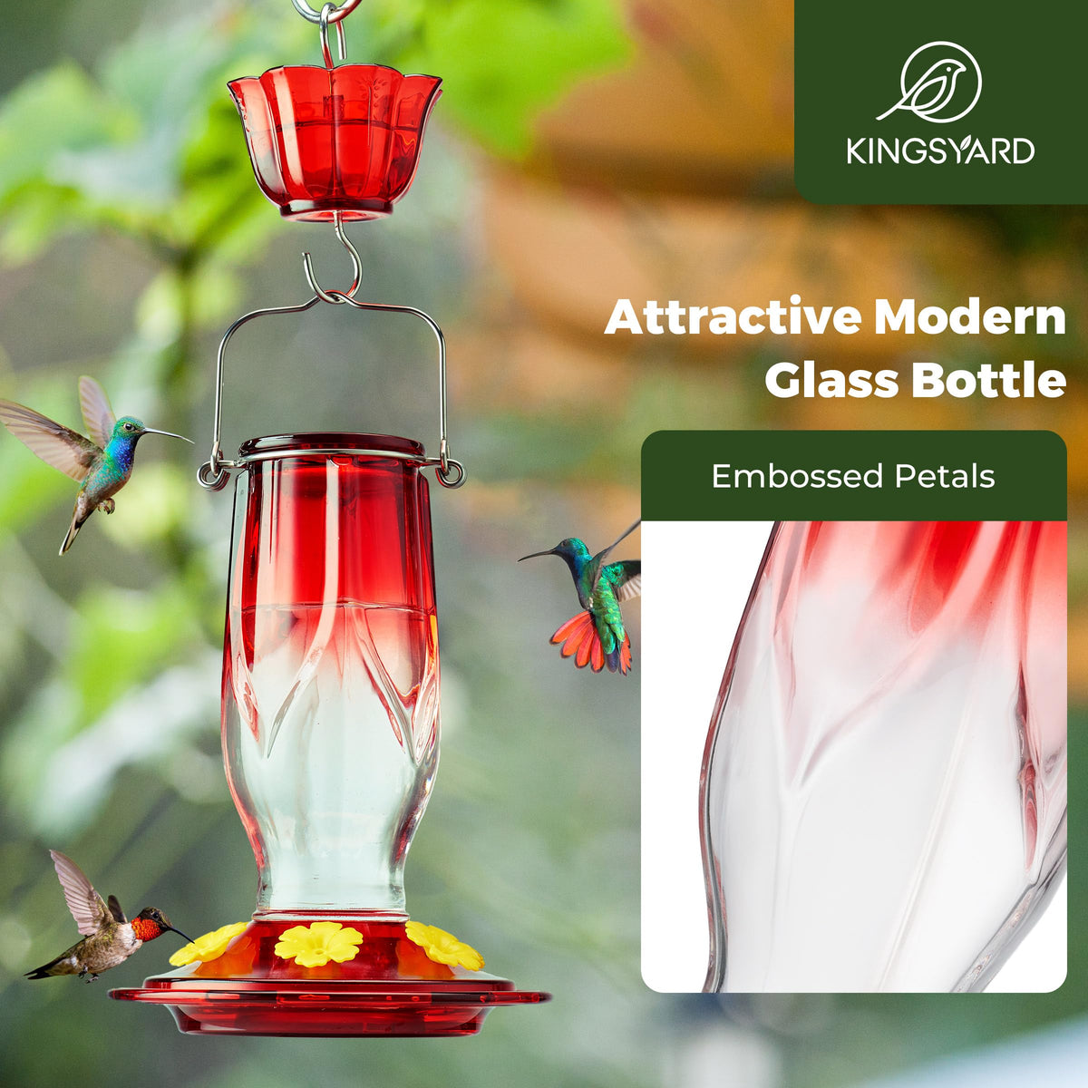 Kingsyard glass humminbird feeder includes ant moat to protect nectar access.