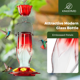 Kingsyard glass humminbird feeder includes ant moat to protect nectar access.