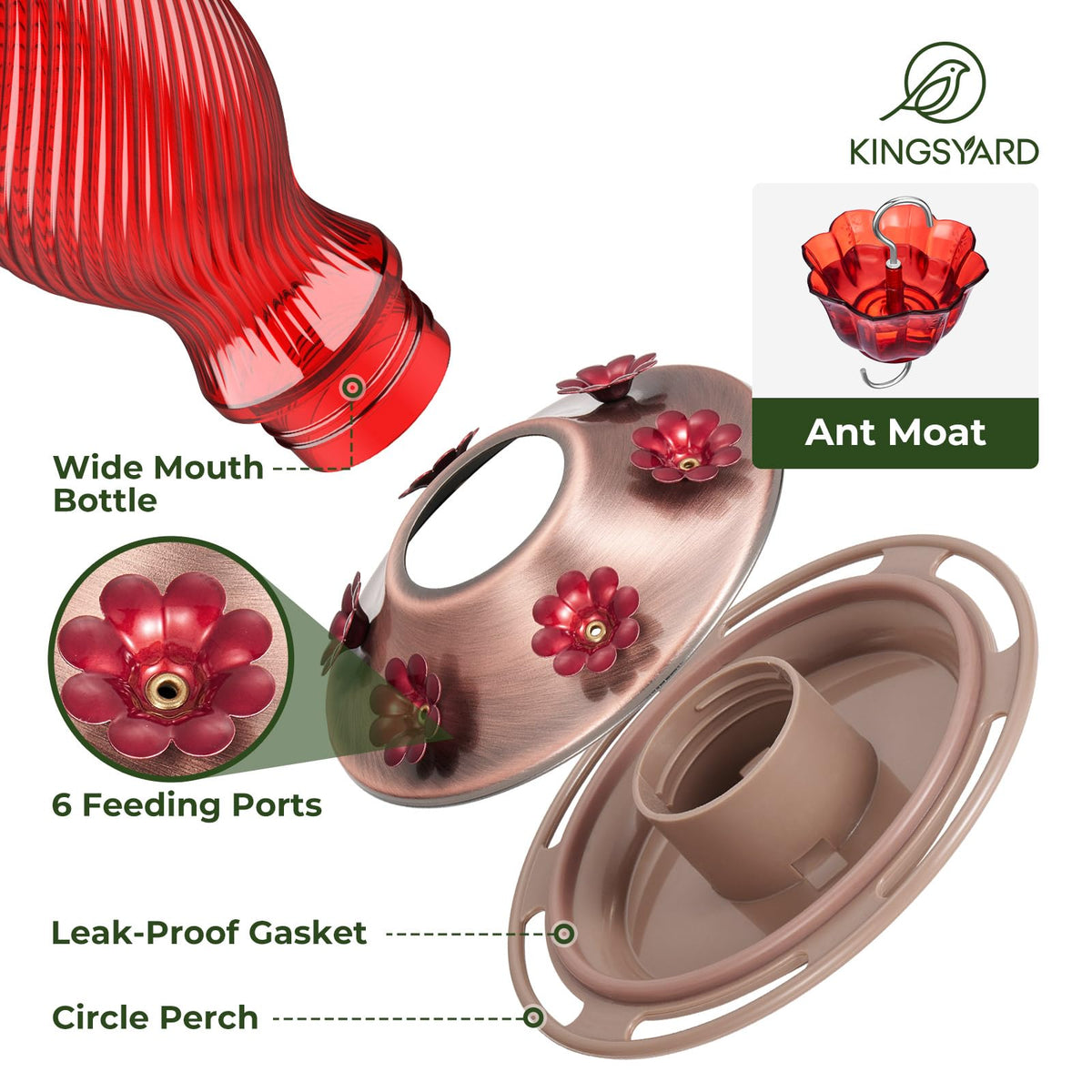 Kingsyard hummingbird feeder with ant moat deters ants for nectar protection