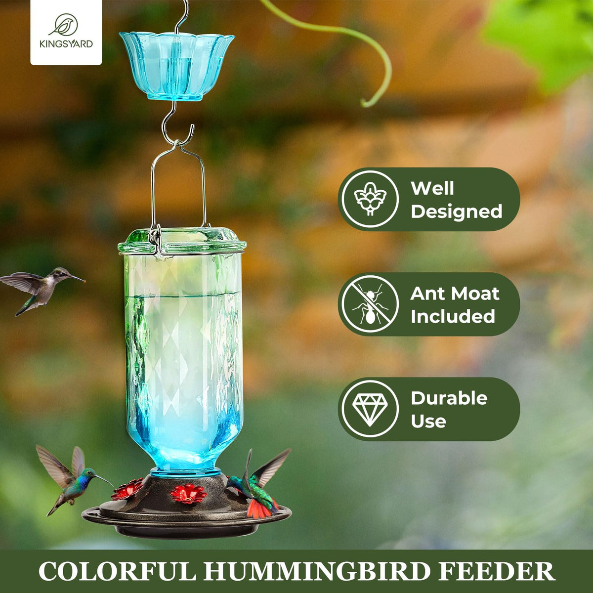 Kingsyard hummingbird feeder with ant moat keeps nectar clean from ants during feeding.