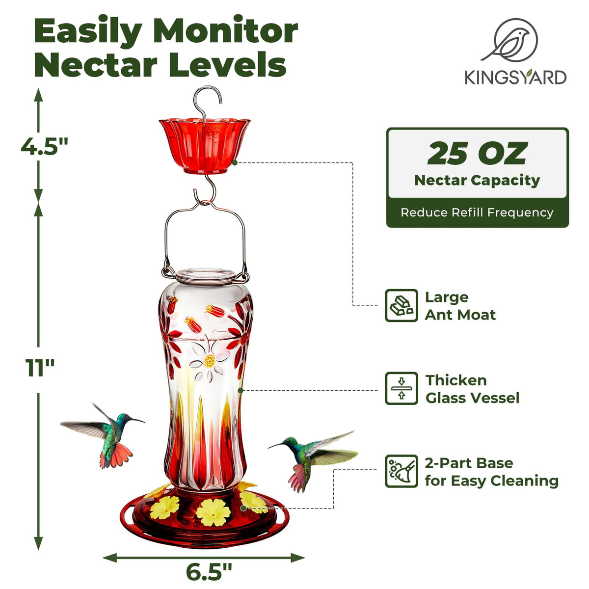 Kingsyard feeder shows 25 oz capacity for extended birdwatching.