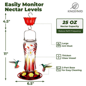 Kingsyard feeder shows 25 oz capacity for extended birdwatching.